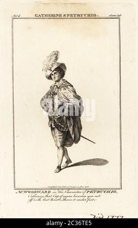 M. Henry Woodward dans le personnage de Petruchio dans Catherine et Petruchio de David Garrick, une farce adaptée de la Taming of the Shrew de William Shakespeare, théâtre Drury Lane, 1756. Woodward était un acteur anglais célèbre pour ses rôles comiques, 1714-1777. Gravure sur plaque de coperplate d’après une illustration de James Roberts du Théâtre britannique de Bell, composé des pièces les plus appréciées, John Bell, Londres, 1776. Banque D'Images