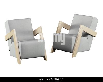 Deux fauteuils en tissu gris et accoudoirs en bois en tissu sur fond blanc Banque D'Images