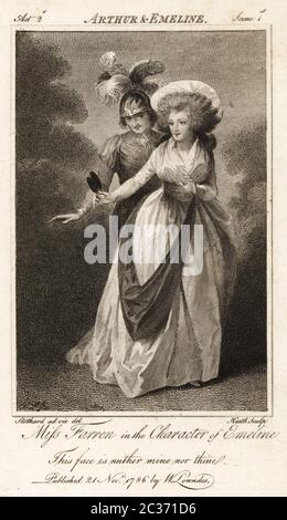 Madame Elizabeth Farren dans le personnage d'Emeline dans Arthur et Emeline de John Dryden. Actrice irlandaise 1759-1829 qui a épousé Edward Stanley-Smith, 12e comte de Derby. Gravure en pitié de Heath, tirée de la vie par Thomas Stothard et publiée dans le magazine Universal, W. Lowndes, Londres, 1786. Banque D'Images