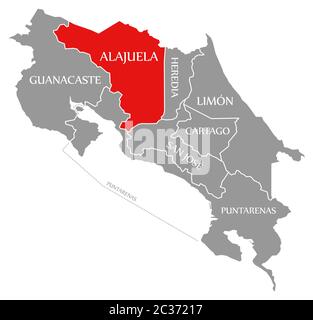 Rouge Alajuela en évidence dans la carte du Costa Rica Banque D'Images