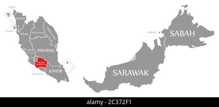 Negeri Sembilan en surbrillance rouge dans la carte de la Malaisie Banque D'Images