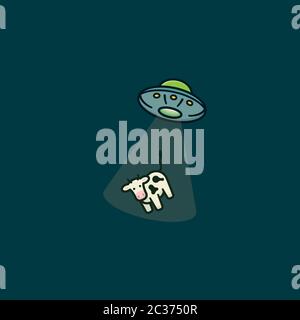 OVNI enlèvement d'une illustration vectorielle de dessin animé de vache pour la Journée mondiale des OVNIS le 24 juin. Soucoupe volante avec vache dans le faisceau de transport. Illustration de Vecteur