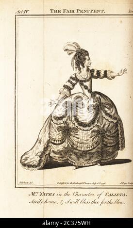 Mme Mary Ann Yates au caractère de la Calista dans le Penitent de Nicholas Rowe. Elle a d'abord joué le rôle au théâtre Drury Lane en 1760. Gravure de Copperplate par J. Page après une illustration de James Roberts du British Theatre de Bell, composée des pièces de théâtre les plus appréciées, John Bell, Londres, 1780. Banque D'Images