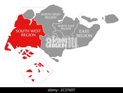 Région Sud-Ouest a mis en lumière rouge dans la carte de Singapour Banque D'Images