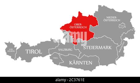 La Haute-Autriche a mis en lumière rouge dans la carte de l'Autriche Banque D'Images