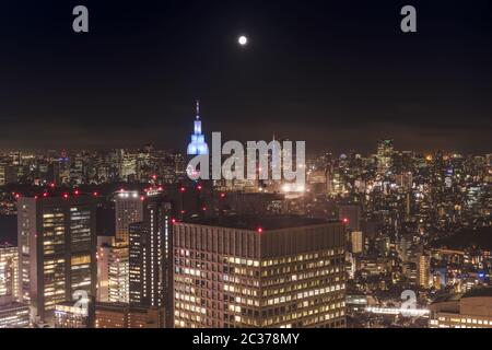 Vue panoramique nocturne depuis le Tokyo Metropolitan Government Building, le soir d'une pleine lune. Banque D'Images