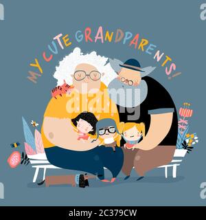 Heureux grands-parents avec leurs petits-enfants assis à leurs bancs Illustration de Vecteur