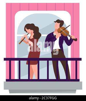 Musiciens jouant des violons sur le balcon, concert de violinistes en quarantaine Illustration de Vecteur