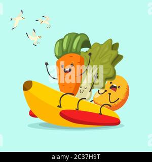 Carotte, laitue et mangue drôles sur un bateau en caoutchouc à la banane. Personnage de dessin animé vectoriel de fruits et légumes mignons d'activités aquatiques d'été. Illustration Illustration de Vecteur