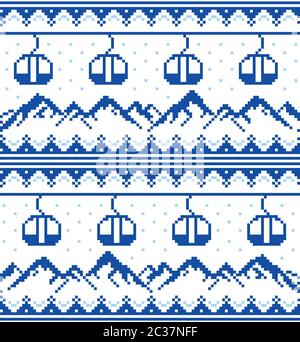 Montagnes et gondoles ski, snowboard, randonnée et escalade vectorisé sans couture - style jacquard traditionnel tricots Illustration de Vecteur