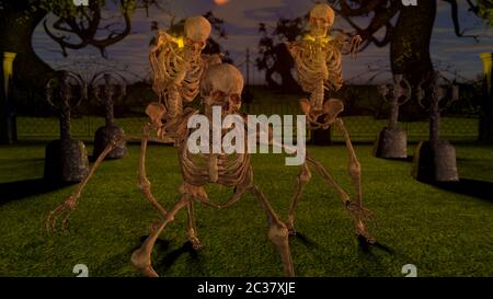 Attaquer des squelettes la nuit dans le cimetière. Rendu 3D du concept Halloween. Banque D'Images