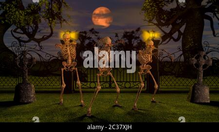 Attaquer des squelettes la nuit dans le cimetière. Rendu 3D du concept Halloween. Banque D'Images