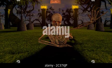 Attaquer des squelettes la nuit dans le cimetière. Rendu 3D du concept Halloween. Banque D'Images