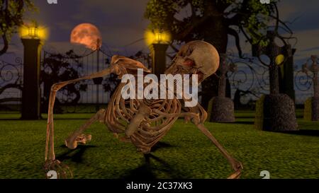 Attaquer des squelettes la nuit dans le cimetière. Rendu 3D du concept Halloween. Banque D'Images