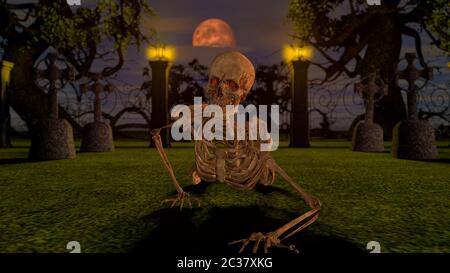 Attaquer des squelettes la nuit dans le cimetière. Rendu 3D du concept Halloween. Banque D'Images