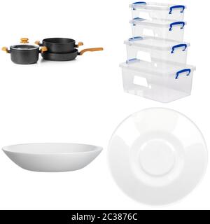 Collage d'articles de vaisselle sur fond blanc Banque D'Images