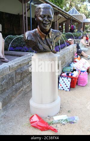 Des fleurs avaient été placées au fond de la sculpture Nelson Mandela à la pelouse de la bibliothèque de l'Université de Nouvelle-Galles du Sud (UNSW). Banque D'Images