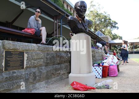 Des fleurs avaient été placées au fond de la sculpture Nelson Mandela à la pelouse de la bibliothèque de l'Université de Nouvelle-Galles du Sud (UNSW). Banque D'Images