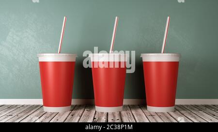 Fast Food rouge tasses avec de la paille sur le plancher en bois contre le mur bleu 3D Illustration Banque D'Images