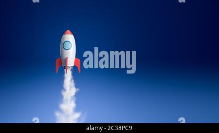 Le rouge et le blanc Cartoon Spaceship Flying sur fond bleu avec copie espace 3D Illustration Banque D'Images