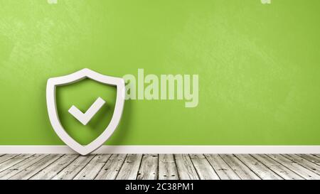 Bouclier blanc forme de symbole 3D avec symbole d'activation sur un plancher en bois contre le mur vert avec copie espace 3D Illustration Banque D'Images