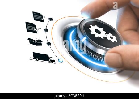 Un processus tournant à la main sur le bouton blanc pour satisfaire une commande. Concept de l'e-commerce. Image composite entre une photographie et un 3D'arrière-plan. Banque D'Images