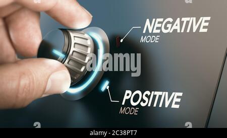 Part l'aide d'une molette pour passer du négatif au positif d'esprit. Concept de psychologie. Image composite entre une photographie et un 3D'arrière-plan. Banque D'Images