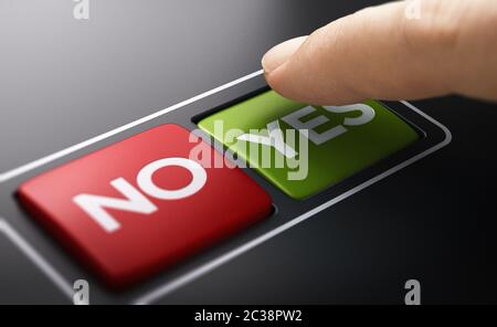 Deux boutons carrés avec le texte no et yes et un doigt appuyant sur le vert. Image composite entre une photographie à main et un arrière-plan 3D. Banque D'Images