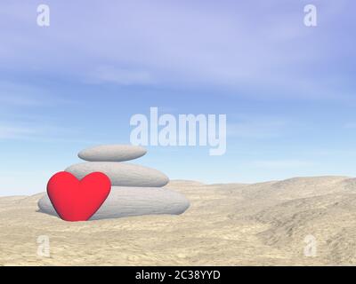 J'adore la plage avec un cœur rouge et des pierres d'équilibre - rendu 3D Banque D'Images