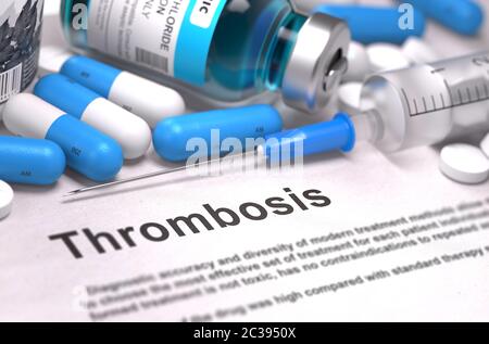Diagnostic - thrombose. Concept médical avec Blue Pills, injections et seringue. Mise au point sélective. Arrière-plan flou. Rendu 3D. Banque D'Images