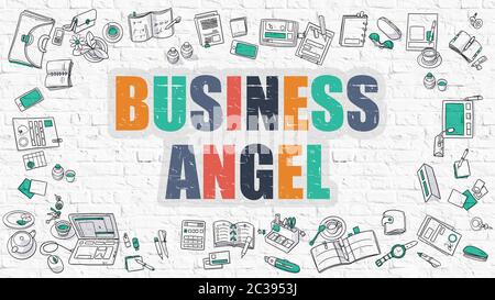 Concept multicolore - Business Angel - sur mur de briques blanches avec icônes Doodle autour. Illustration moderne avec style Doodle Design. Banque D'Images