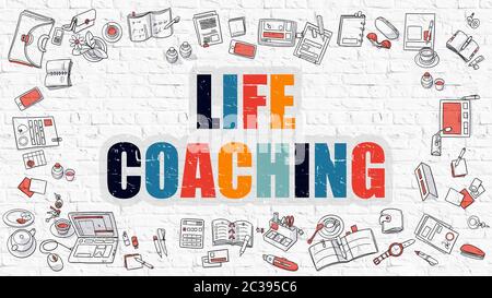 Life Coaching - Multicolor concept avec Doodle icônes autour sur fond de mur de brique blanche. Illustration moderne avec éléments de style Doodle Design. Banque D'Images