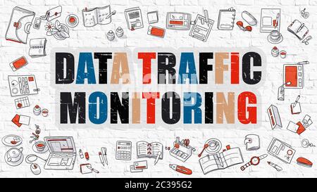 Surveillance du trafic de données. Surveillance du trafic de données sur le mur blanc. Surveillance du trafic de données en multicolore. Style de conception Doodle du trafic de données Monit Banque D'Images
