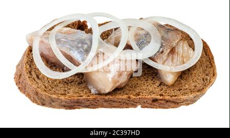 Sandwich ouvert avec le pain de seigle et de hareng mariné décoré de rondelles d'oignons isolé sur fond blanc Banque D'Images