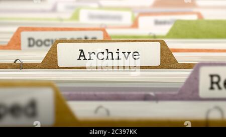 Archive - Nom du registre de dossier dans le répertoire. Image colorée floue. Vue en gros plan. Rendu 3D. Banque D'Images