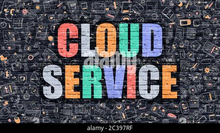 Concept de service cloud. Illustration moderne. Service de cloud multicolore dessiné sur le mur de briques sombres. Icônes Doodle. Concept de service Cloud style Doodle. CL Banque D'Images