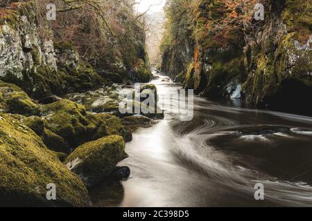 Rivière Conwy traversant la magnifique Fée Glen gorge près de Betws-y-Coed Snowdonia, au nord du pays de Galles en hiver. Photographie de paysage britannique Banque D'Images