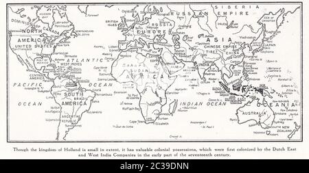 Carte du monde ancienne montrant les possessions coloniales du XVIIe siècle. Royaume des pays-Bas, sociétés néerlandaises de l'Inde de l'est et de l'Ouest. Banque D'Images