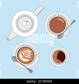 Illustration vectorielle avec tasses à thé et à café et théière Illustration de Vecteur