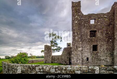 Ruines de la vieille abbaye de Bective, 12e siècle, entouré de mur. Ciel d'orage spectaculaire au coucher du soleil. Le comté de Meath, Irlande Banque D'Images