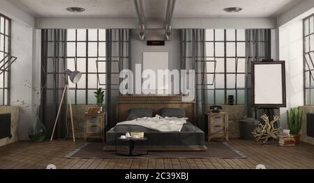 Vintage Retro chambre principale avec lit double dans un loft - 3D Rendering Banque D'Images