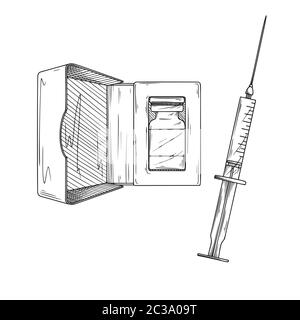 Seringue médicale ICON avec aiguille et flacon de type plat, concept de vaccination, injection. Illustration vectorielle isolée dans un style d'esquisse Illustration de Vecteur