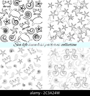 Collection monochrome de motifs sans couture de la vie marine Illustration de Vecteur
