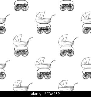 Motif sans couture. Bébé, chariot de bébé sur fond blanc. Illustration vectorielle dans le style d'esquisse. Illustration de Vecteur