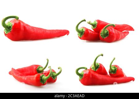 Collage de photos avec du piment rouge sur fond blanc. Les poivrons au Chili sont largement utilisés dans de nombreuses cuisines comme une épice à UN Banque D'Images