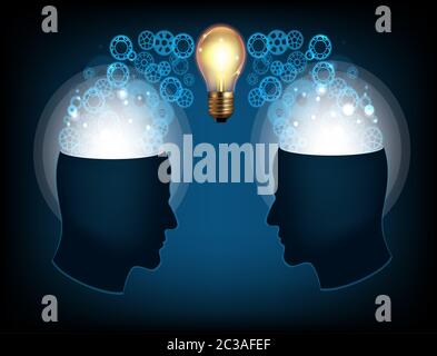 deux têtes de l'esprit humain, la conscience, l'imagination, la science, les ampoules de la créativité Banque D'Images