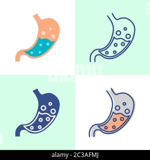 Estomac avec icône en forme de ballonnement, plat et ligne. Collection de symboles de problèmes digestifs. Illustration de vecteur médical. Illustration de Vecteur