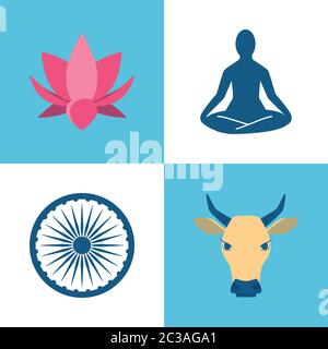 Icônes de la culture indienne dans un style plat. Fleur de Lotus, yoga, roue Ashoka Chakra et symboles vache. Illustration vectorielle. Illustration de Vecteur