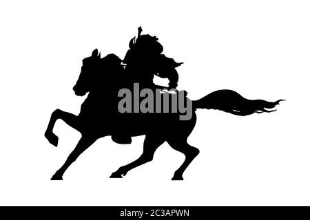 Silhouette graphique isolée de cheval de course samouraï Warrior Banque D'Images