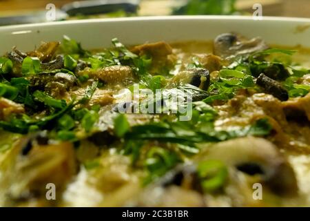 Poulet frit aux champignons, au lait et aux oignons verts. Banque D'Images